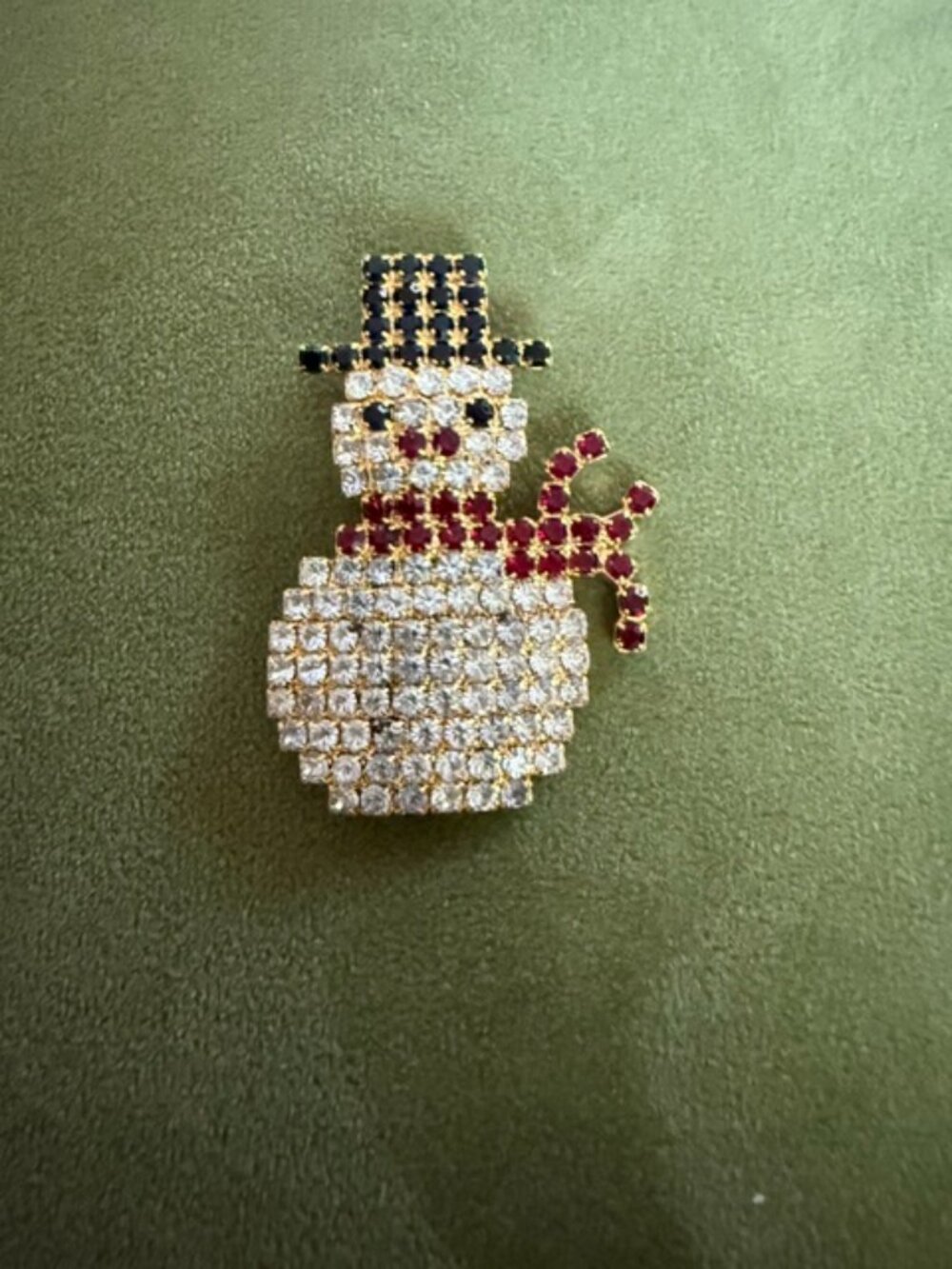 Vintage Gold Tone Snowman Pin, Clear Red Black Rhinestones, Christmas Holiday Br